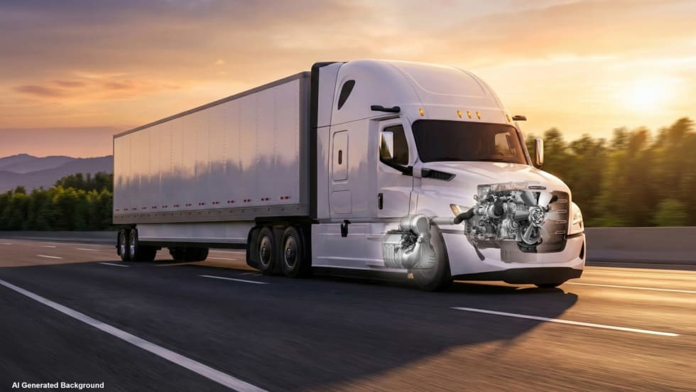 Illustration of Freightliner Cascadia on highway with engine cutaway