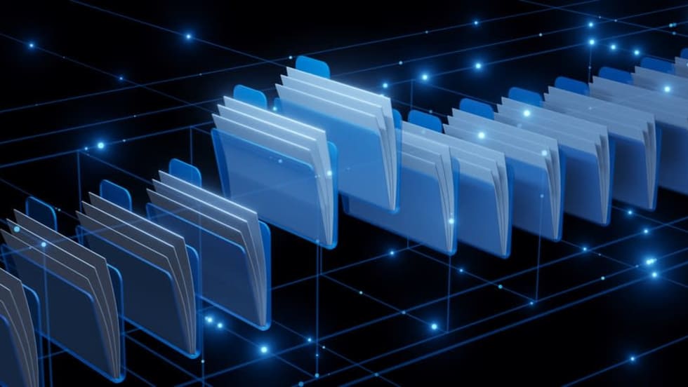 Blue folders across with 2 sticking out