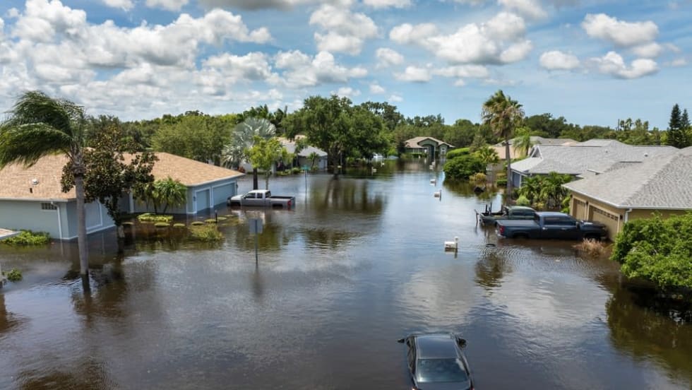 Flooded houses and cars