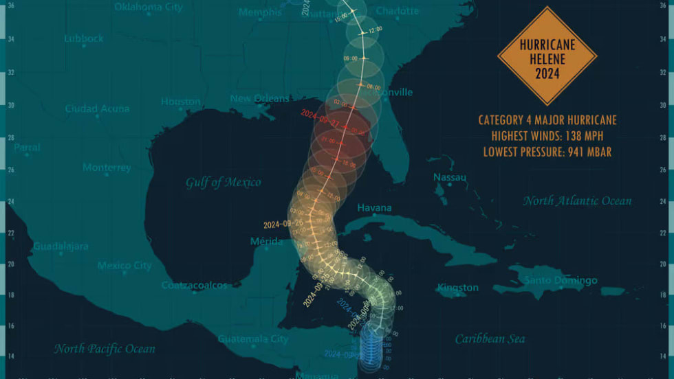 Tracking map of Hurricane Helene’s landfall and path through the southeastern U.S., illustrating storm intensity and regional impact zones.