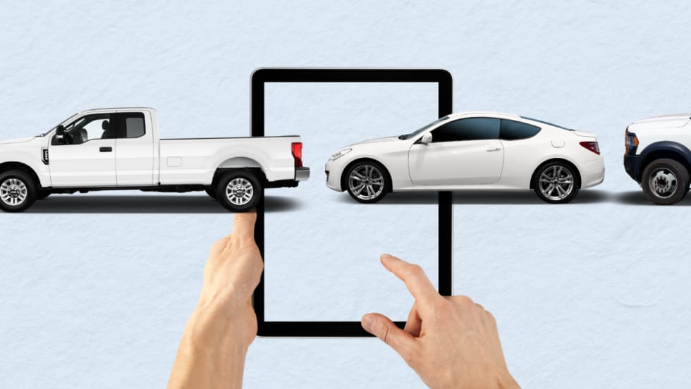 a graphic of a tablet with city vehicles. 