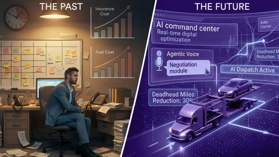 A manual, traditional logistics dispatch center versus a futuristic AI-driven illustrative diagram of a future logistics operation.