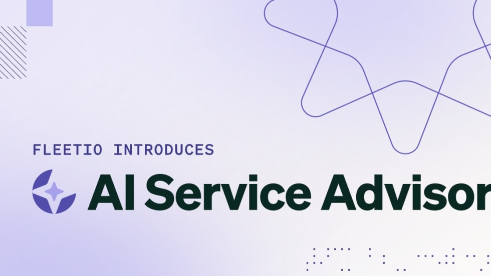 A purple and white Fleetio graphic with text reading "Fleetio Introduces AI Service Advisor."