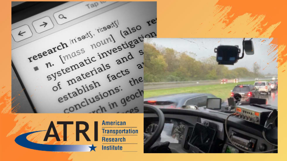 Illustration of inside truck cab with dashcam on window, definition of research, and ATRI logo