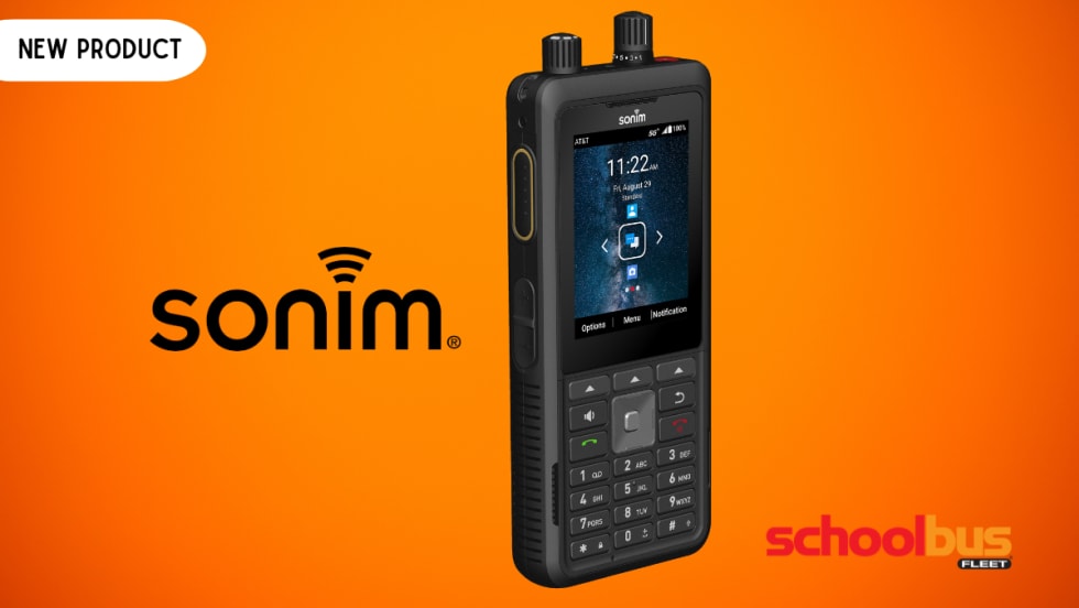 Sonim XP5plus 5G rugged mobile radio device on orange background labeled “New Product,” highlighting push-to-talk communication and durability for school bus fleet operations.