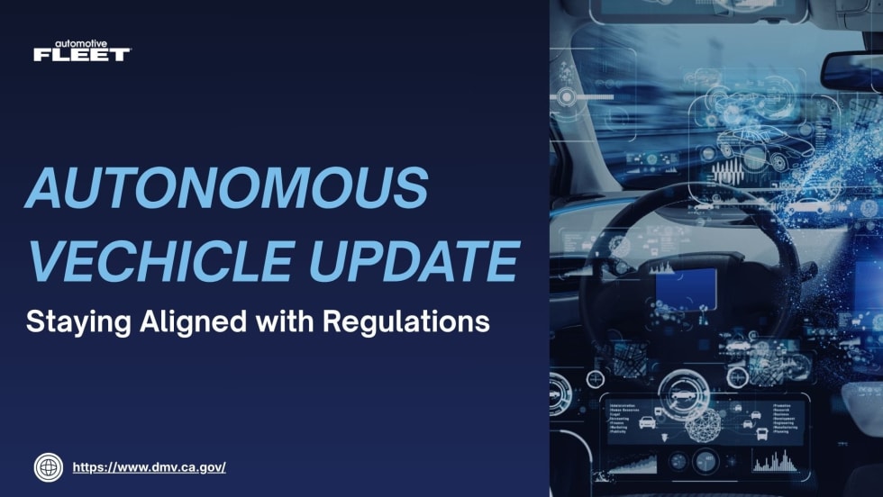 Graphic announcing California DMV autonomous vehicle regulation updates with futuristic self-driving car dashboard visuals and text about staying aligned with regulations.