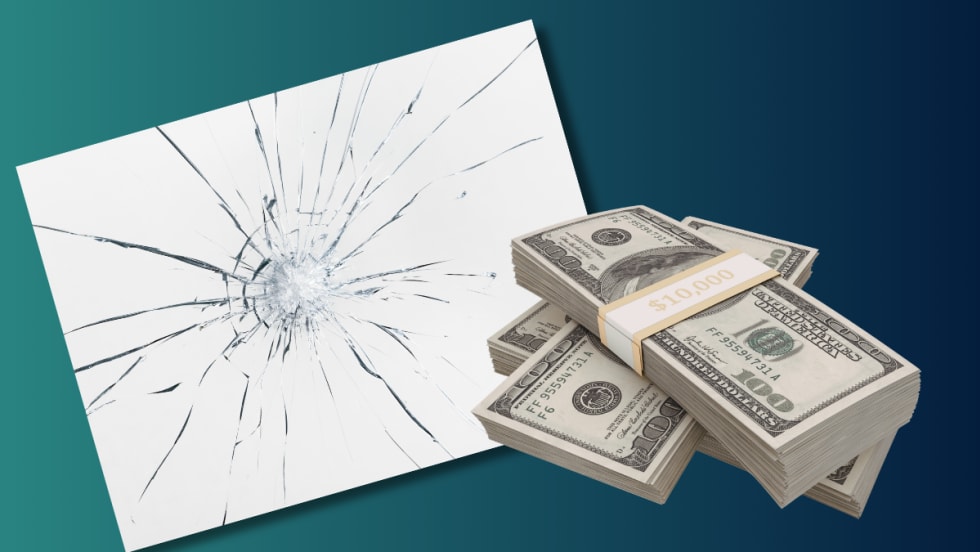 Illustration with stacks of money and a shattered car windshield