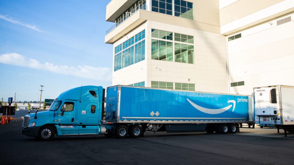 Amazon tractor-trailer at distribution center