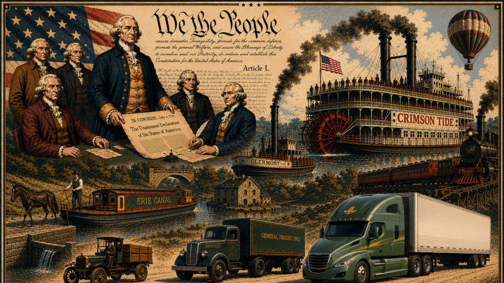 250 years of American transportation illustration with the Founding Fathers, steamships, and trucks through the years.