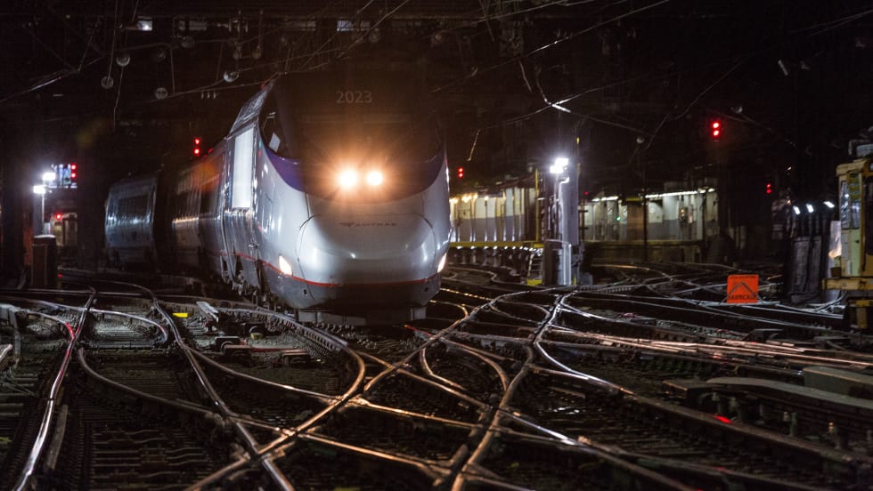 An Amtrak Acela train at New York Penn Station