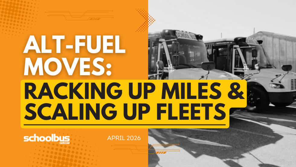 An orange and yellow graphic with a black and white image of electric Thomas Built Buses and text reading "Alt-Fuel Moves: Racking Up Miles & Scaling Up Fleets."
