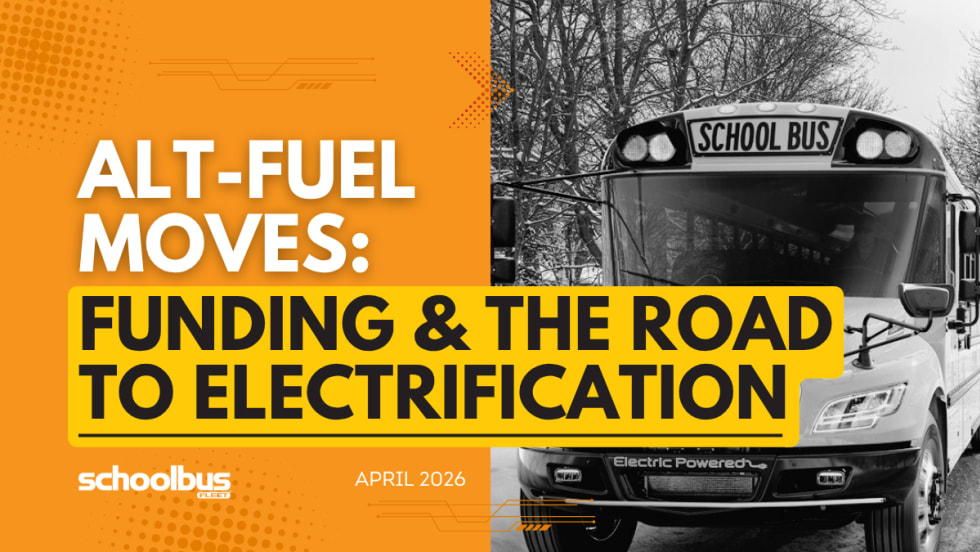 An orange and yellow graphic with a black and white image of an electric IC Bus school bus and text reading "Funding & the Road to Electrification."