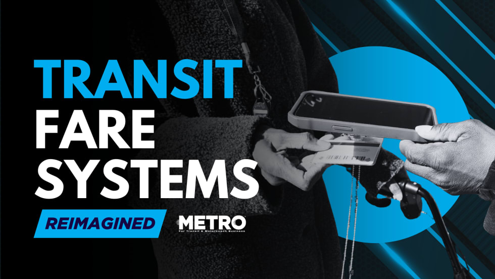 A white, blue, and black graphic with a black and white image of hands tapping a fare card and text reading "Transit Fare Systems Reimagined."