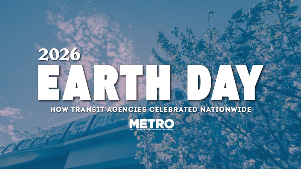 A blue and white graphic with text reading "2026 Earth Day: How Transit Agencies Celebrated Nationwide."