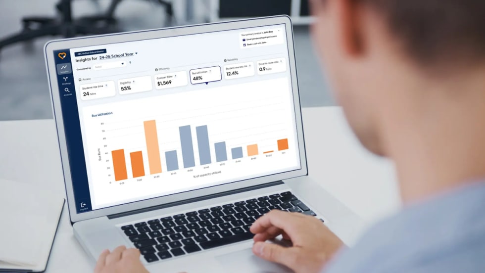 A man looking at a laptop screen with HopSkipDrive RideIQ information.