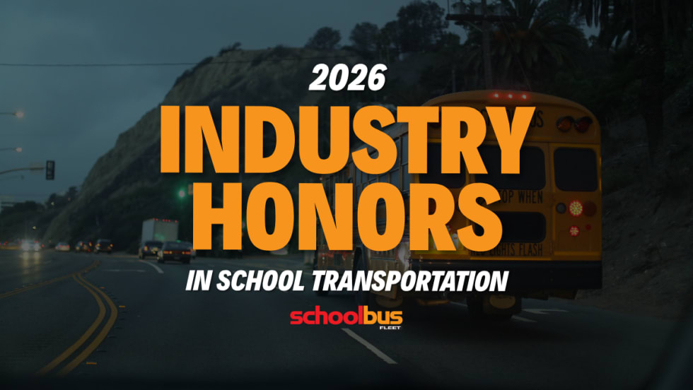 An image of a school bus driving on a road in Malibu with text reading "2026 Industry Honors in School Transportation."