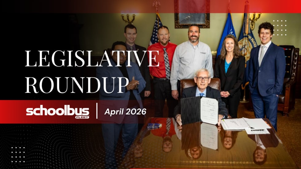 A black, white, and red graphic with an image of Wisconsin political figures by a table and text reading "Legislative Roundup April 2026."