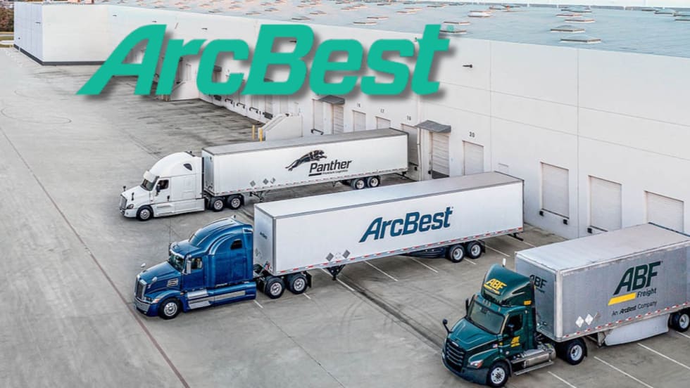 Photo of semi trucks with Panther, ArcBest, and ABF trailers backed up to docks, with ArcBest logo superimposed on top