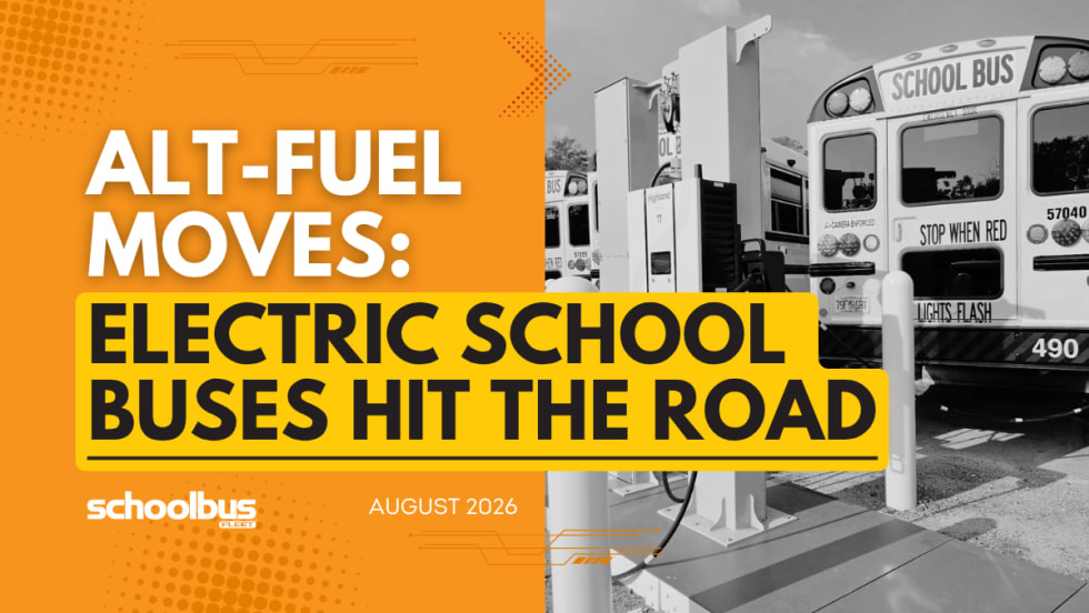An orange and yellow graphic with a black and white image of an electric school bus with charging infrastructure and text reading "Electric School Buses Hit the Road."
