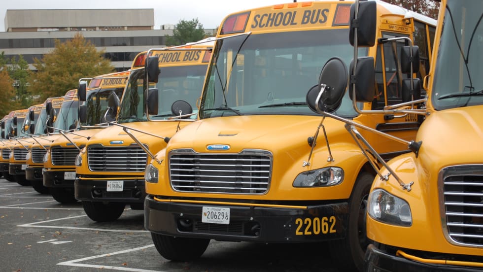 Electric school buses parked in a parking lot.