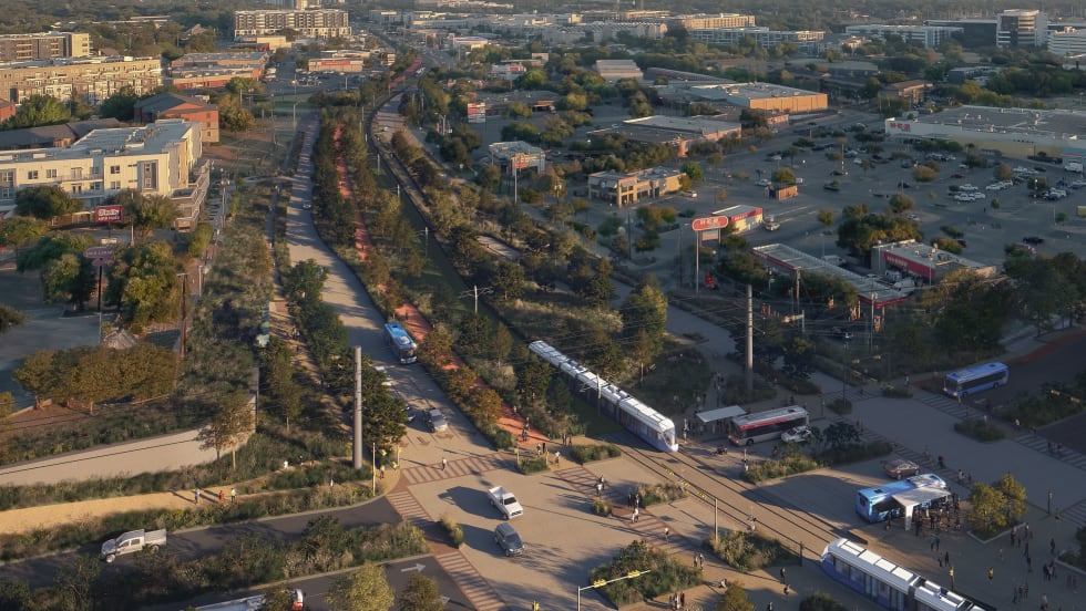 An overhead rendering of the Austin Transit Partnership rail system.