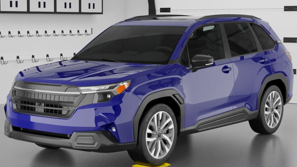 Blue SUV parked in garage with front tire on yellow wheel spotting dish, demonstrating precise positioning aid for vehicle service and lift alignment.