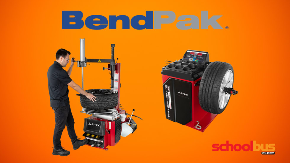 Technician operating a red APEX tire changer next to an APEX wheel balancer with mounted tire, displayed against an orange background with BendPak branding.