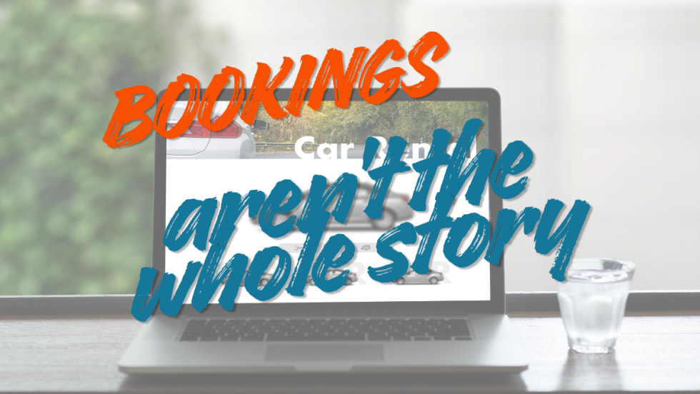 car rental booking engine on computer screen with text: Bookings aren't the whole story