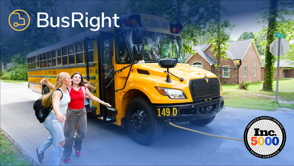 BusRight-branded image showing students exiting a yellow school bus, with the Inc. 5000 logo recognizing America’s fastest-growing private companies.