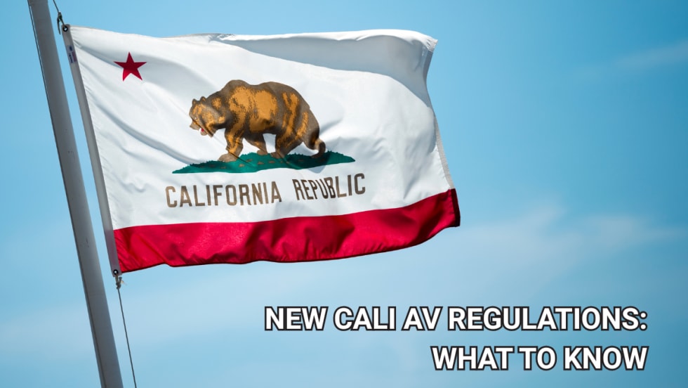 California state flag waving against a blue sky with text reading “New Cali AV Regulations: What to Know” about updated autonomous vehicle testing and deployment rules.