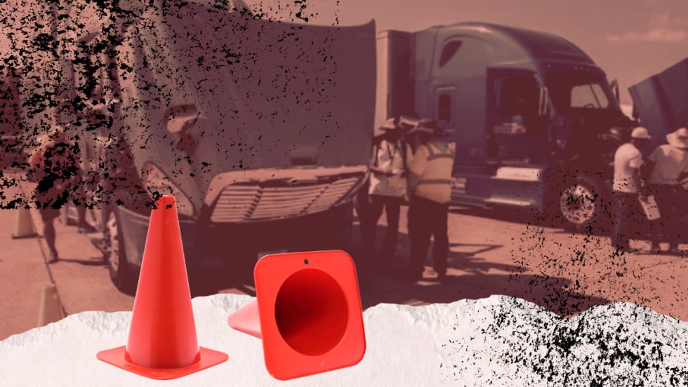 Illustration of driver students around trucks with distressed graphic elements and safety cones