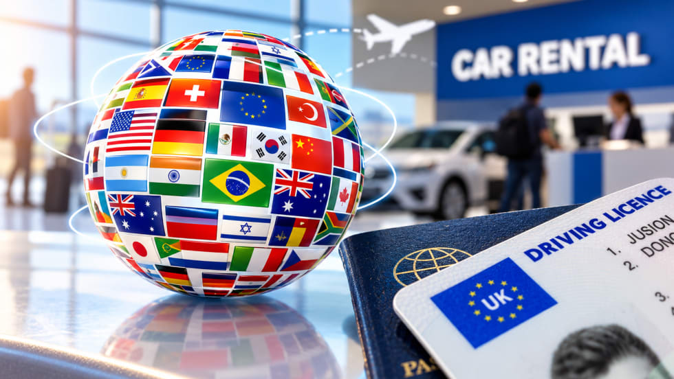 globe of world and drivers license from UK