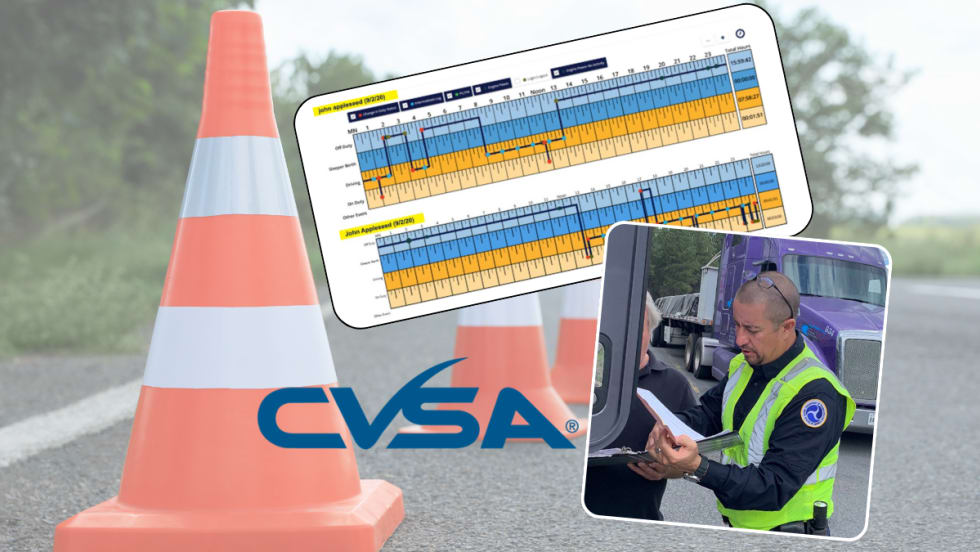 Illustration with safety cones, false logbooks, CVSA logo