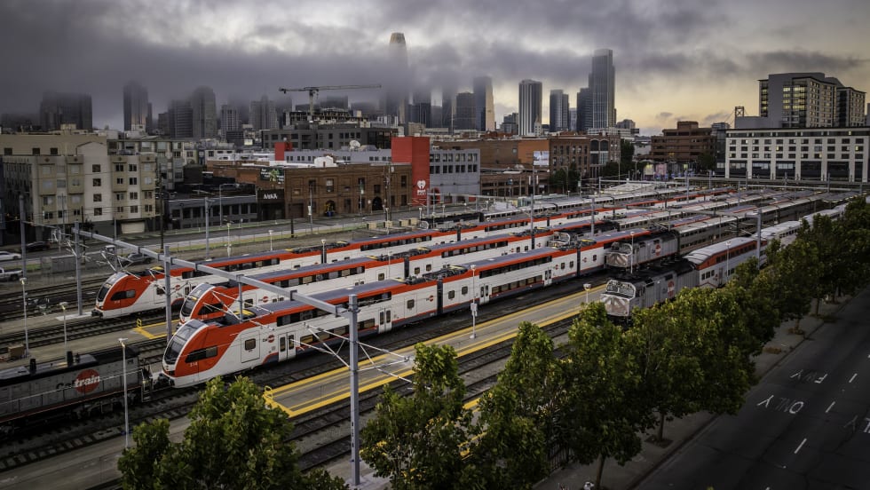 A fleet of Caltrain electrified trains on tracks