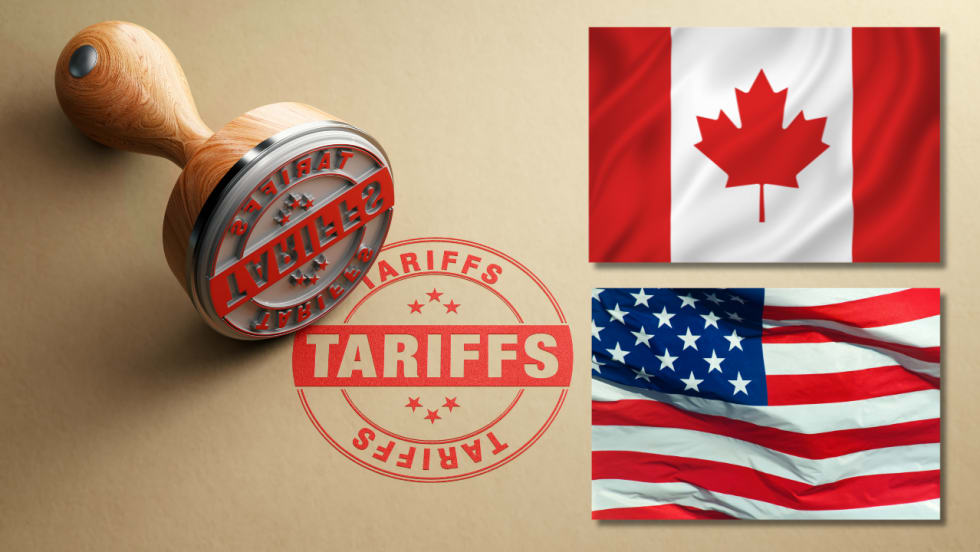 Graphic with U.S. and Canadian flags over background illustration of an ink-stamp that says Tariffs.