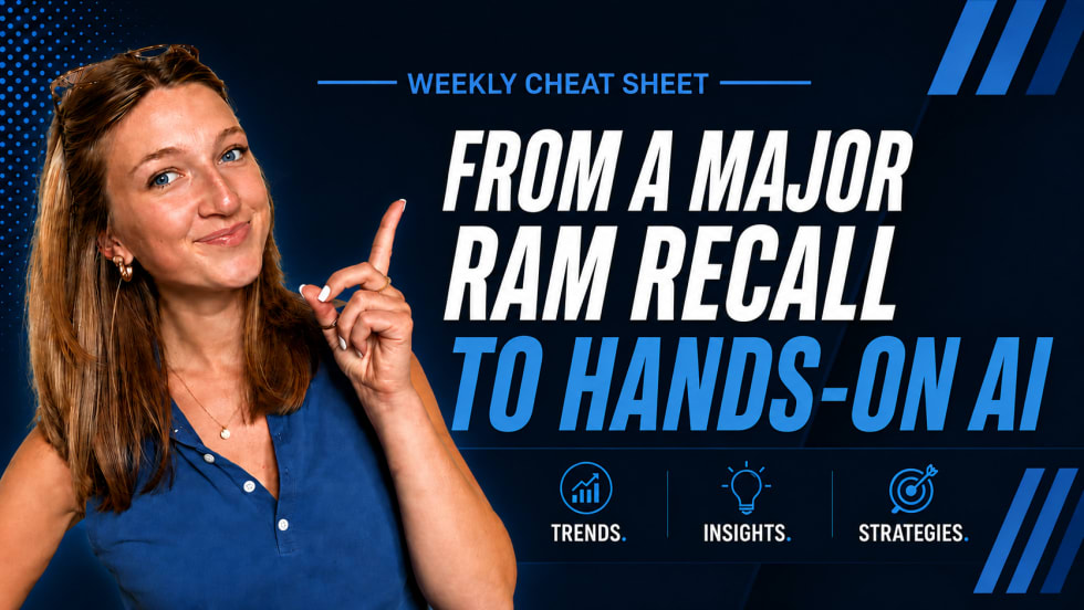 A blue and white AF news recap thumbnail on Ram recalls and hands-on AI