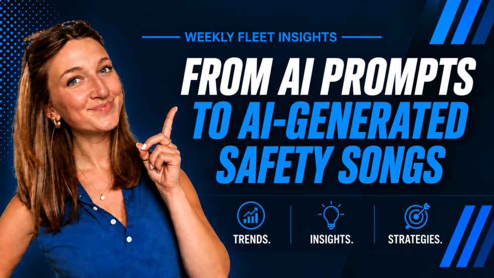 Automotive Fleet news graphic featuring a woman pointing to the headline, “From AI Prompts to AI-Generated Safety Songs,” against a blue background.