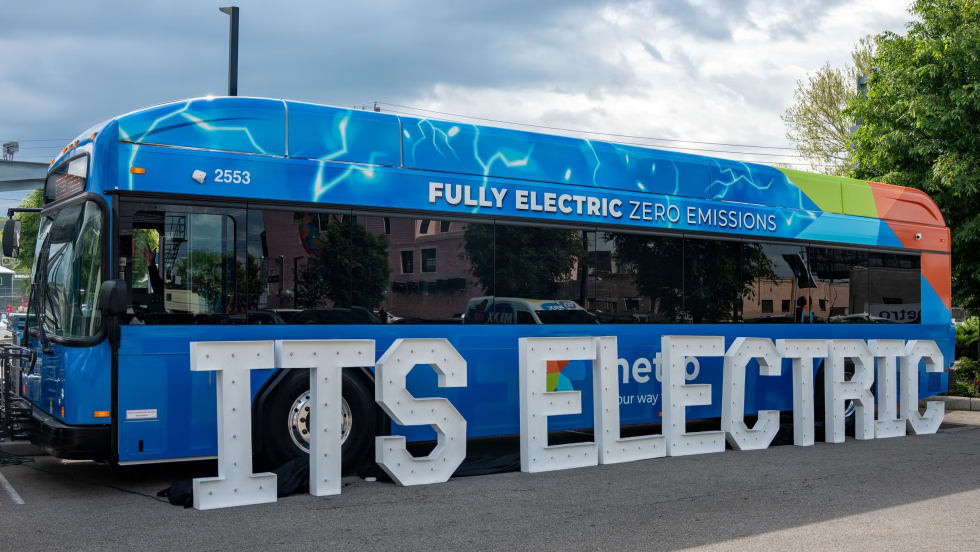 Cincinnati Metro's new battery-electric bus, which was unveiled on Earth Day
