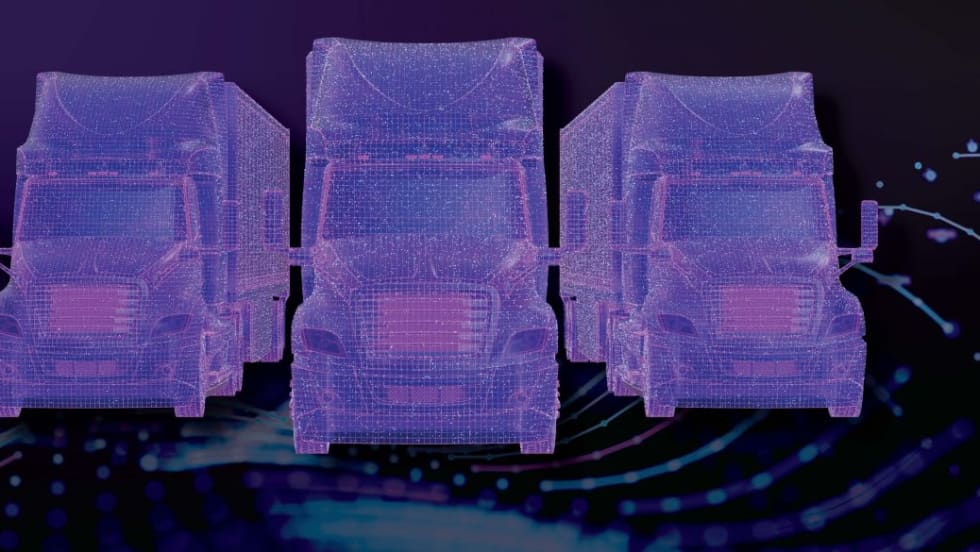 Illustration of heavy duty trucks with digital overlay