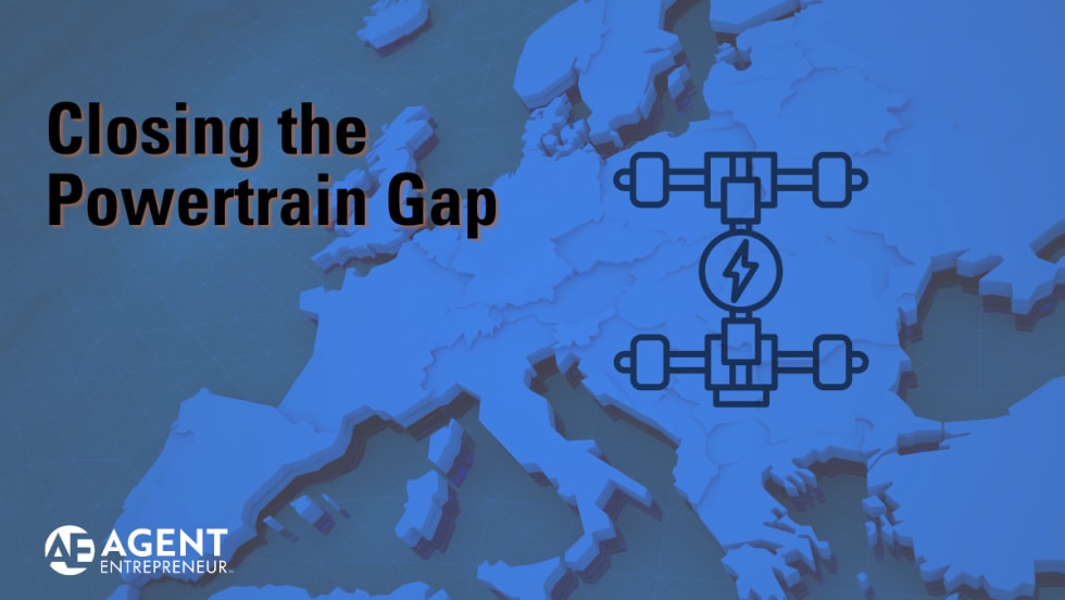 blue map of Europe with outline of an electric vehicle powertrain on top, Closing the Powertrain Gap, Agent Entrepreneur