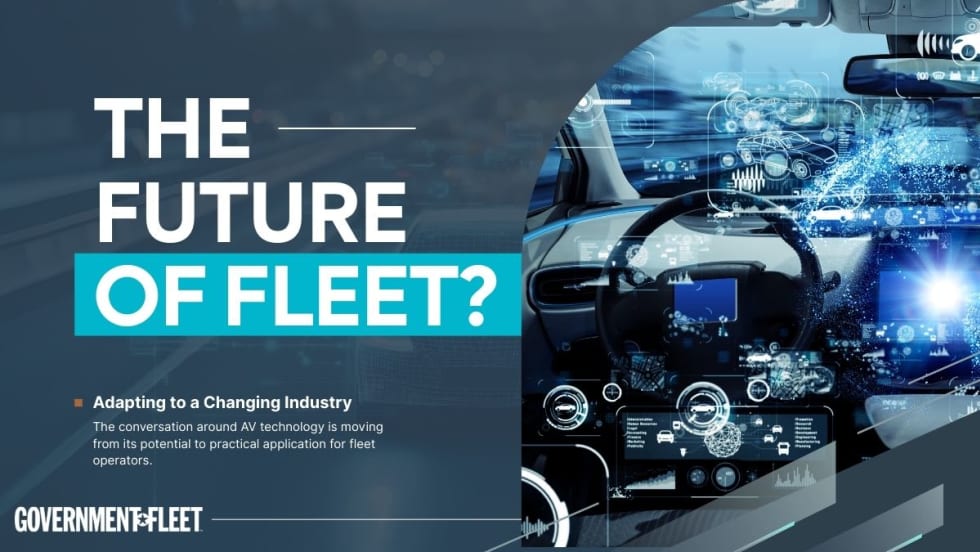 The text 'the future of fleet' with an image of an autonomous car on the road and the GF logo. 