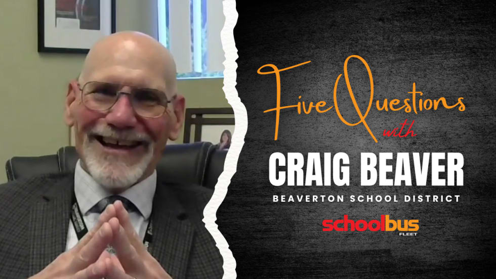 Promotional graphic for School Bus Fleet's "Five Questions" series featuring Craig Beaver of Beaverton School District. The image shows Beaver smiling in an office setting alongside text reading "Five Questions with Craig Beaver." School Bus Fleet logo appears at the bottom.