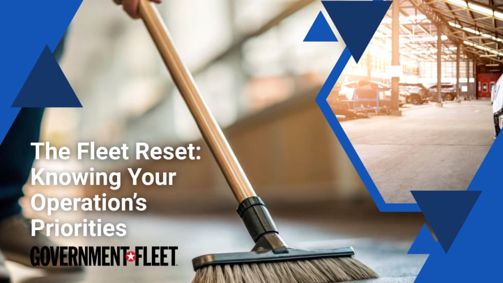 a person sweeping with another image of a garage and the government fleet logo.