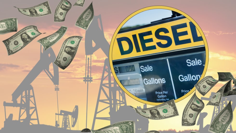 Illustration with oil wells, dollar bills, and a diesel fuel pump