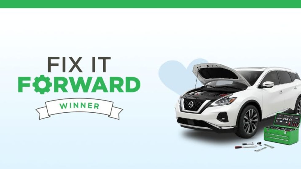 Graphic showing “Fix It Forward Winner” with a white SUV, open hood, and tools, representing a program that provides vehicle repairs to those in need.