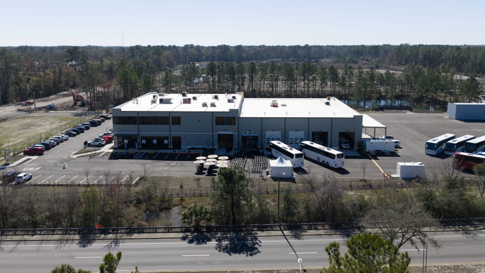 An overhead shot of Daimler Coaches North America's Jacksonville headquarters.