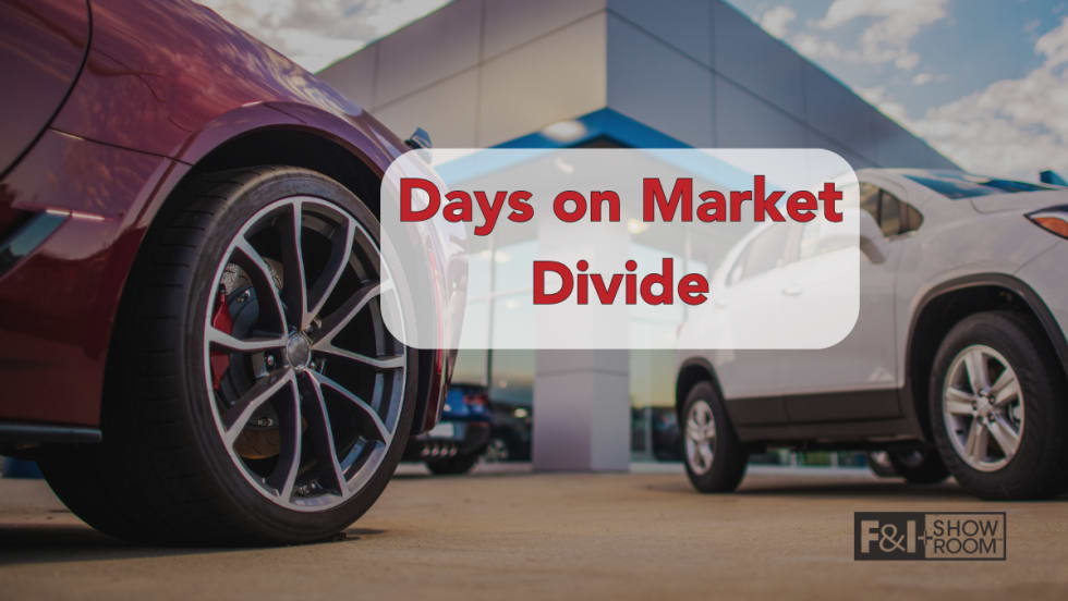 red and white car in front of a car dealership with text Days on Market Divide and logo for F&I and Showroom