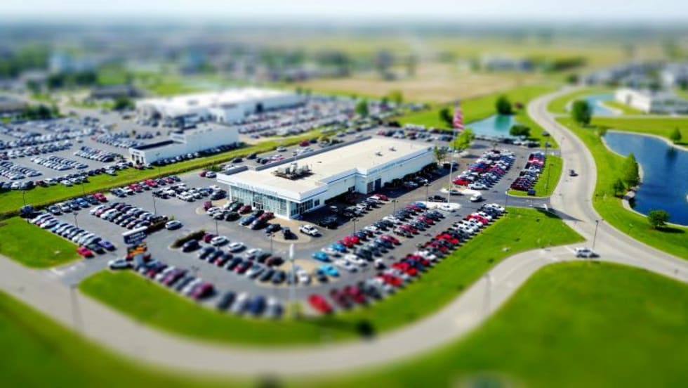 Aerial shot of a car dealership