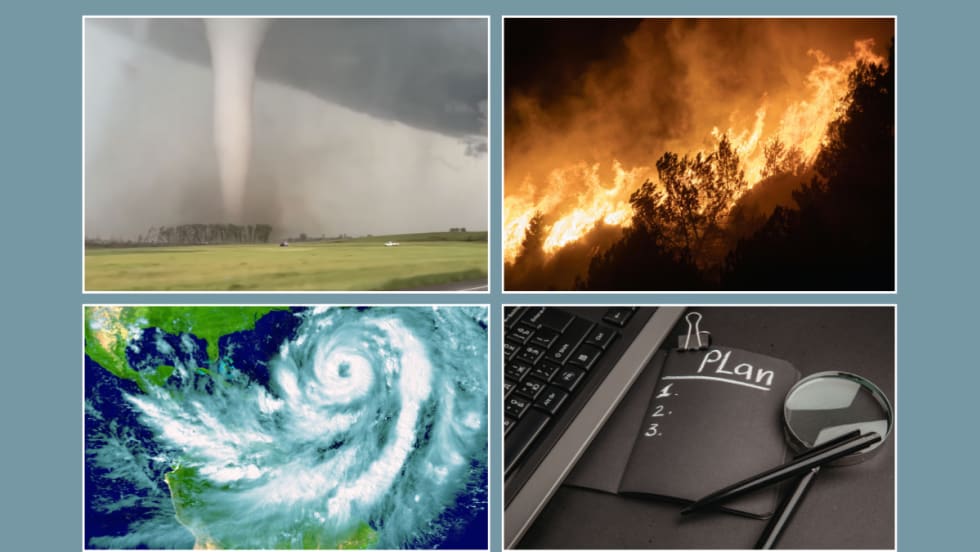 Composite image of tornado, fire, hurricane, and plan