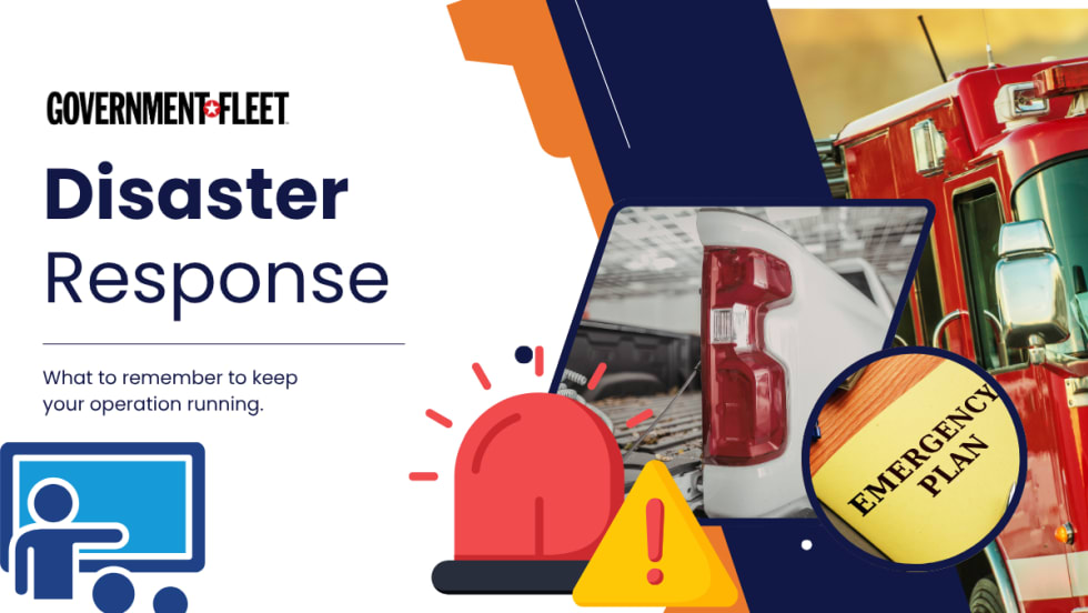 Government Fleet graphic titled “Disaster Response” with emergency vehicles, a pickup truck, an emergency plan folder, and warning symbols.